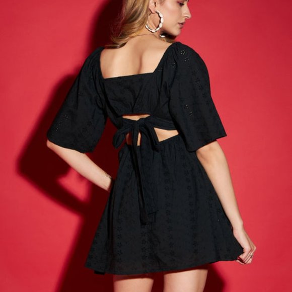 Women Black Schiffli Back Tie Short Skirt Dress. - Picture 4 of 4